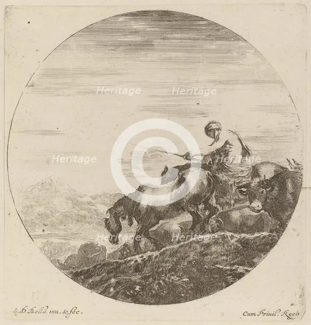 Shepherd on a Horse Driving a Herd of Various Animals. Creator: Stefano della Bella.