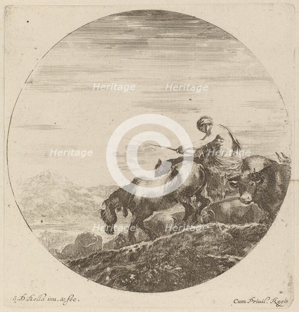 Shepherd on a Horse Driving a Herd of Various Animals. Creator: Stefano della Bella.