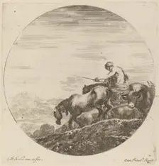 Shepherd on a Horse Driving a Herd of Various Animals. Creator: Stefano della Bella