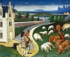 Shepherd leading his flock, miniature, Conde Museum, Chateau of Chantilly, France, 15th cent (1992). Creator: Unknown
