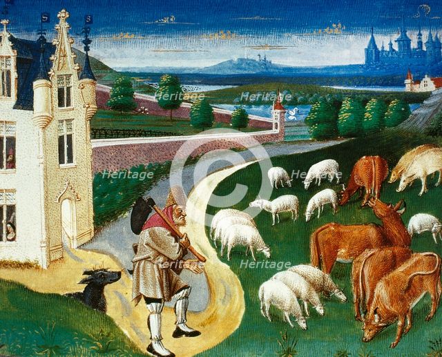 Shepherd leading his flock, miniature, Conde Museum, Chateau of Chantilly, France, 15th cent (1992). Creator: Unknown.