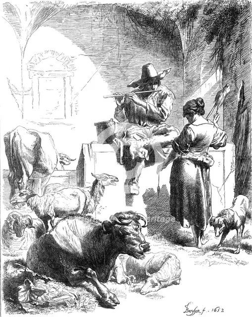 "Shepherd Seated at a Fountain," facsimile of an etching by Berghem, 1870. Creator: Unknown.