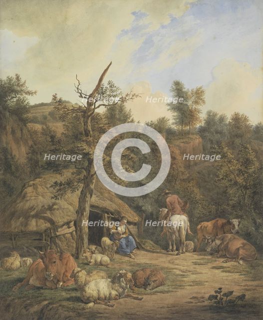 Shepherd, shepherdess and cattle resting in front of a dilapidated stable, 1820-1872. Creator: Hendrik Abraham Klinkhamer.