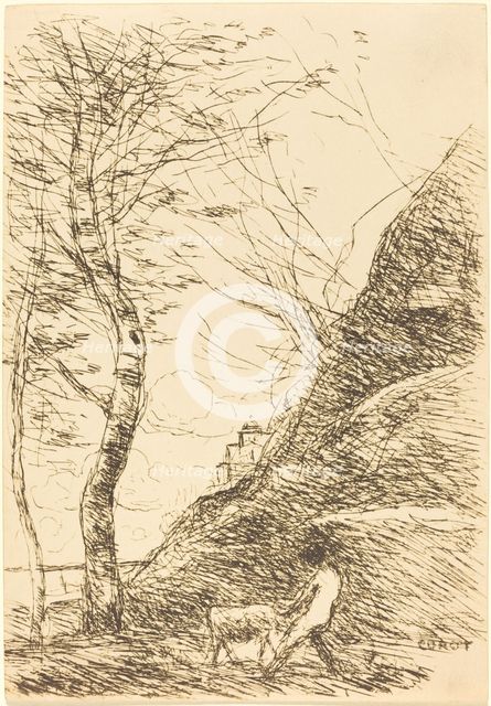 Shepherd Struggling with a Goat (Berger luttant avec sa chevre), 1874. Creator: Jean-Baptiste-Camille Corot.
