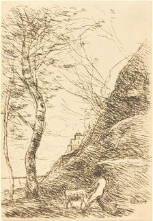 Shepherd Struggling with a Goat (Berger luttant avec sa chevre), 1874. Creator: Jean-Baptiste-Camille Corot