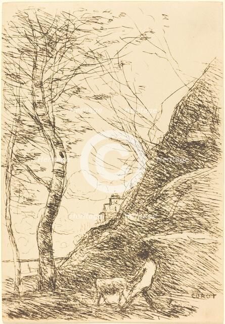 Shepherd Struggling with a Goat (Berger luttant avec sa chevre), 1874. Creator: Jean-Baptiste-Camille Corot.