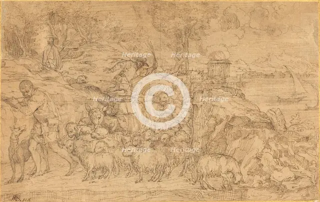 Shepherd Playing a Flute and Leading His Flock. Creator: Domenico Campagnola.