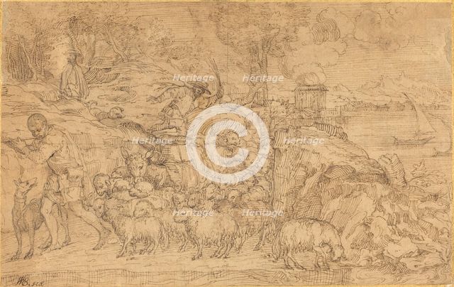Shepherd Playing a Flute and Leading His Flock. Creator: Domenico Campagnola.
