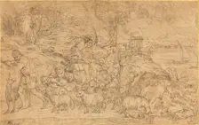 Shepherd Playing a Flute and Leading His Flock. Creator: Domenico Campagnola