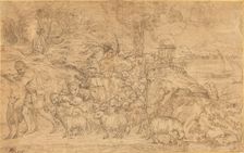Shepherd Playing a Flute and Leading His Flock. Creator: Domenico Campagnola