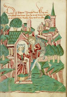 Shepherd Returning with Lost Sheep; Barlaam und Josaphat, 1469. Creators: Hans Schilling, Diebolt Lauber