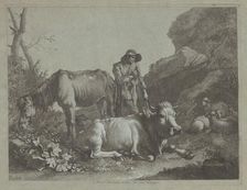 Shepherd Resting on a Walking Stick with an Old Horse and a Reclining Bull, after 1767. Creator: Francesco Londonio