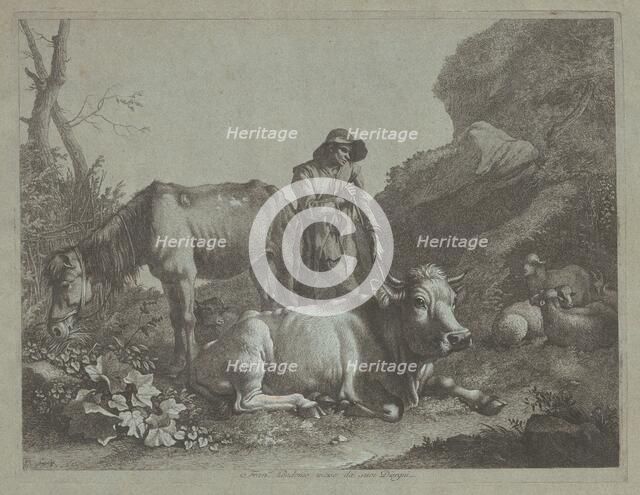 Shepherd Resting on a Walking Stick with an Old Horse and a Reclining Bull, after 1767. Creator: Francesco Londonio.