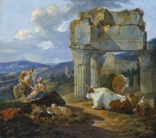 Shepherd's Family at the Ruins of the Temple of Vespasian, 1674. Creator: Johann Heinrich Roos