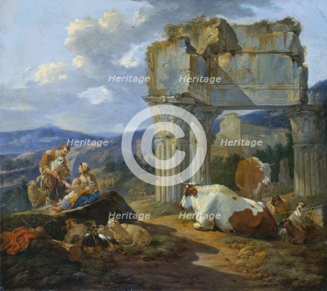 Shepherd's Family at the Ruins of the Temple of Vespasian, 1674. Creator: Johann Heinrich Roos.