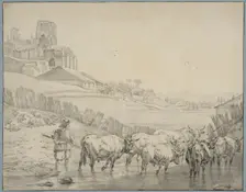 Shepherd with cattle on a river bank. Creator: Unknown