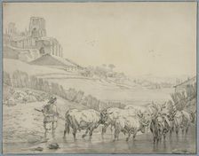 Shepherd with cattle on a river bank. Creator: Unknown