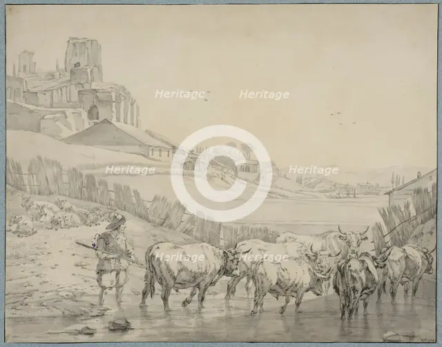 Shepherd with cattle on a river bank. Creator: Unknown.