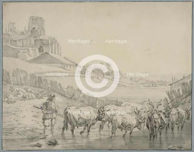 Shepherd with cattle on a river bank. Creator: Unknown.