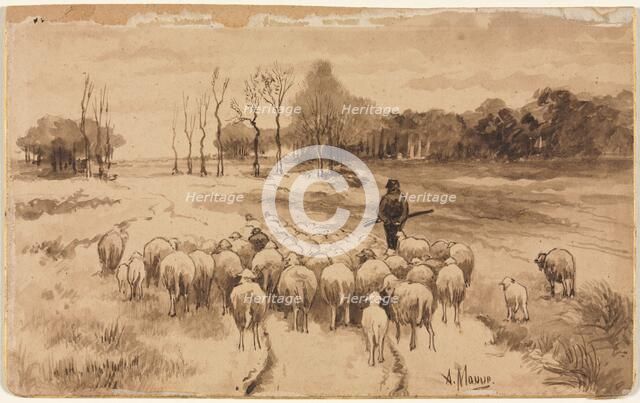 Shepherd with His Flock, c. 1870. Creator: Anton Mauve (Dutch, 1838-1888).