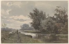 Shepherd with sheep at a farm by the water, 1835-1892. Creator: Jan Willem van Borselen