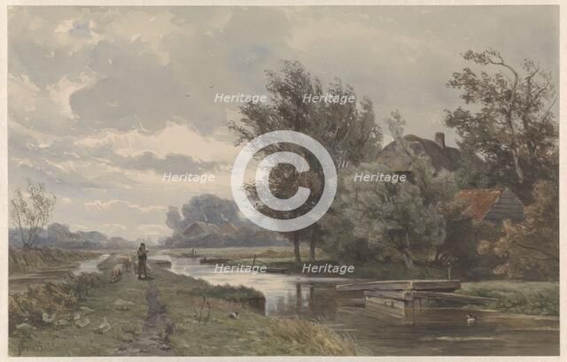 Shepherd with sheep at a farm by the water, 1835-1892. Creator: Jan Willem van Borselen.