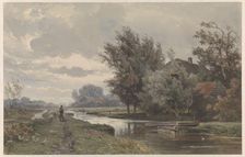 Shepherd with sheep at a farm by the water, 1835-1892. Creator: Jan Willem van Borselen