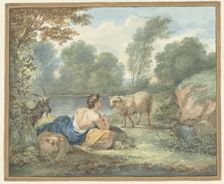 Shepherd with sheep in a landscape with a lake, 1781. Creator: Aert Schouman