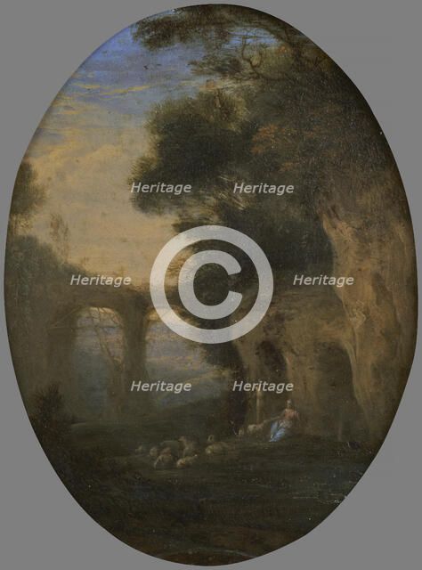 Shepherdess and her flock at the entrance to a cave, between 1675 and 1699.  Creator: Unknown.