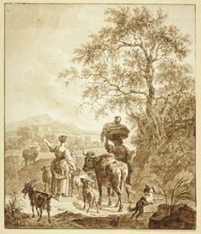 Shepherdess and Peasant with Flock in Italianate Landscape, n.d. Creator: Unknown