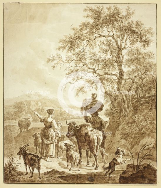Shepherdess and Peasant with Flock in Italianate Landscape, n.d. Creator: Unknown.