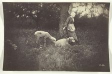 Shepherdess Leaning Against a Tree, with Two Sheep, 1870. Creator: Giraudon's Artist