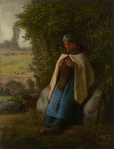 Shepherdess Seated on a Rock, 1856. Creator: Jean Francois Millet