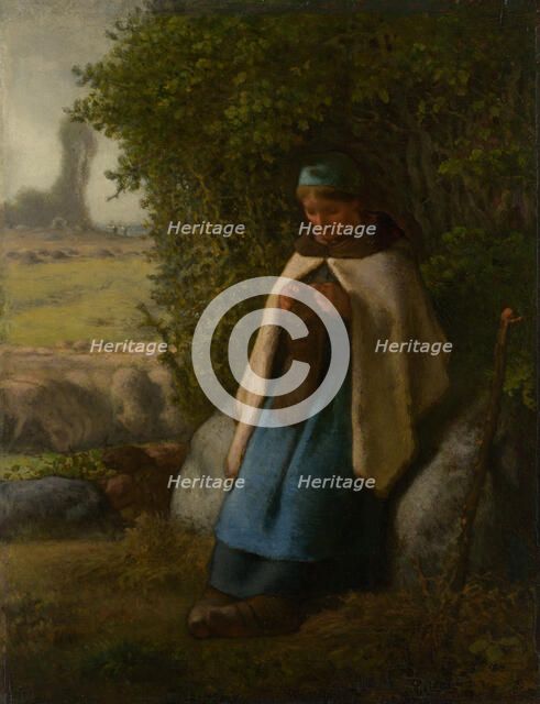 Shepherdess Seated on a Rock, 1856. Creator: Jean Francois Millet.