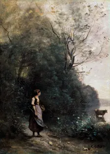 Shepherdess with a cow at the Edge of the Forest 1865-1870. Artist: Jean-Baptiste-Camille Corot