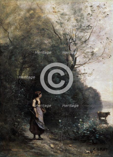 'Shepherdess with a cow at the Edge of the Forest', 1865-1870.  Artist: Jean-Baptiste-Camille Corot    