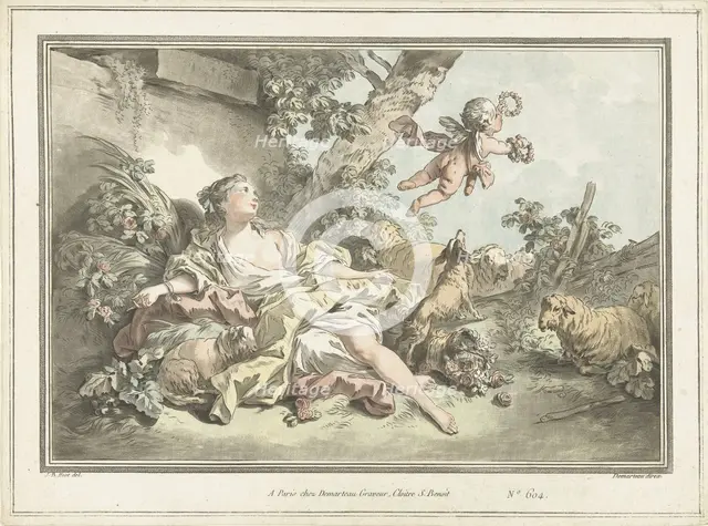 Shepherdess with flying Cupid, 1760-1802. Creator: Gilles-Antoine Demarteau.