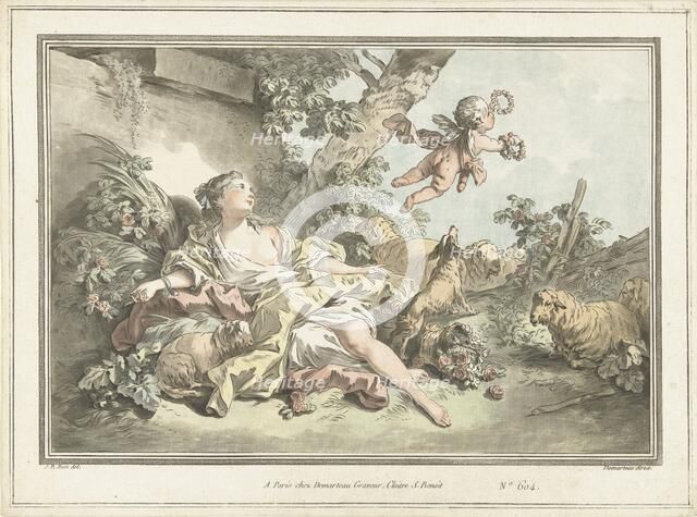 Shepherdess with flying Cupid, 1760-1802. Creator: Gilles-Antoine Demarteau.