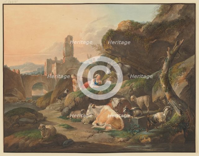 Shepherds on rocks, a shepherdess lies in front of a donkey, cows, sheep, and goats..., 1803. Creator: Johann Friedrich Morgenstern.