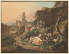 Shepherds on rocks, a shepherdess lies in front of a donkey, cows, sheep, and goats..., 1803. Creator: Johann Friedrich Morgenstern