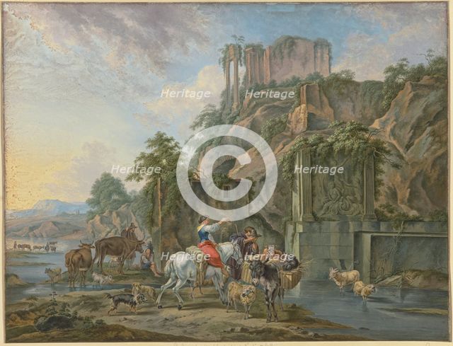 Shepherds at a Roman fountain, 18th century; 17th century. Creator: Friedrich Rauscher.