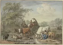 Shepherds drive a cart through the water, a shepherdess washes her feet by a white cow on the right. Creator: Aert Schouman