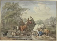 Shepherds drive a cart through the water, a shepherdess washes her feet by a white cow on the right. Creator: Aert Schouman
