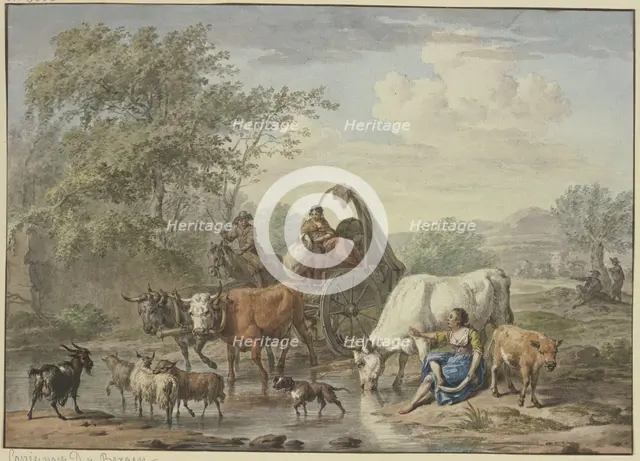 Shepherds drive a cart through the water, a shepherdess washes her feet by a white cow on the right. Creator: Aert Schouman.