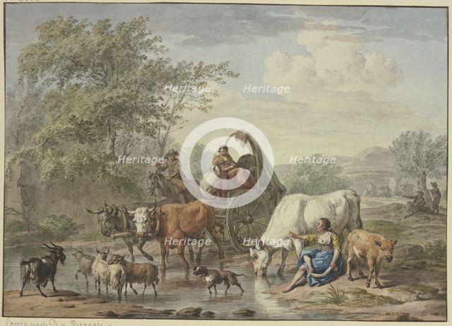 Shepherds drive a cart through the water, a shepherdess washes her feet by a white cow on the right. Creator: Aert Schouman.