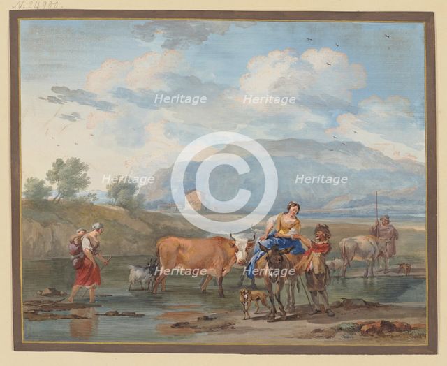Shepherds drive cows through water, a woman carries her child on her back on...18th cent. Creator: Aert Schouman.