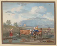 Shepherds drive cows through water, a woman carries her child on her back on...18th cent. Creator: Aert Schouman