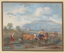 Shepherds drive cows through water, a woman carries her child on her back on...18th cent. Creator: Aert Schouman