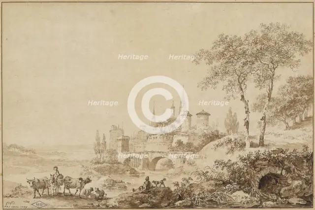 Shepherds in a Landscape before a Fortified Town, 1777. Creator: Jean Baptiste Le Prince.
