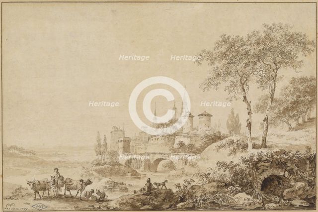 Shepherds in a Landscape before a Fortified Town, 1777. Creator: Jean Baptiste Le Prince.